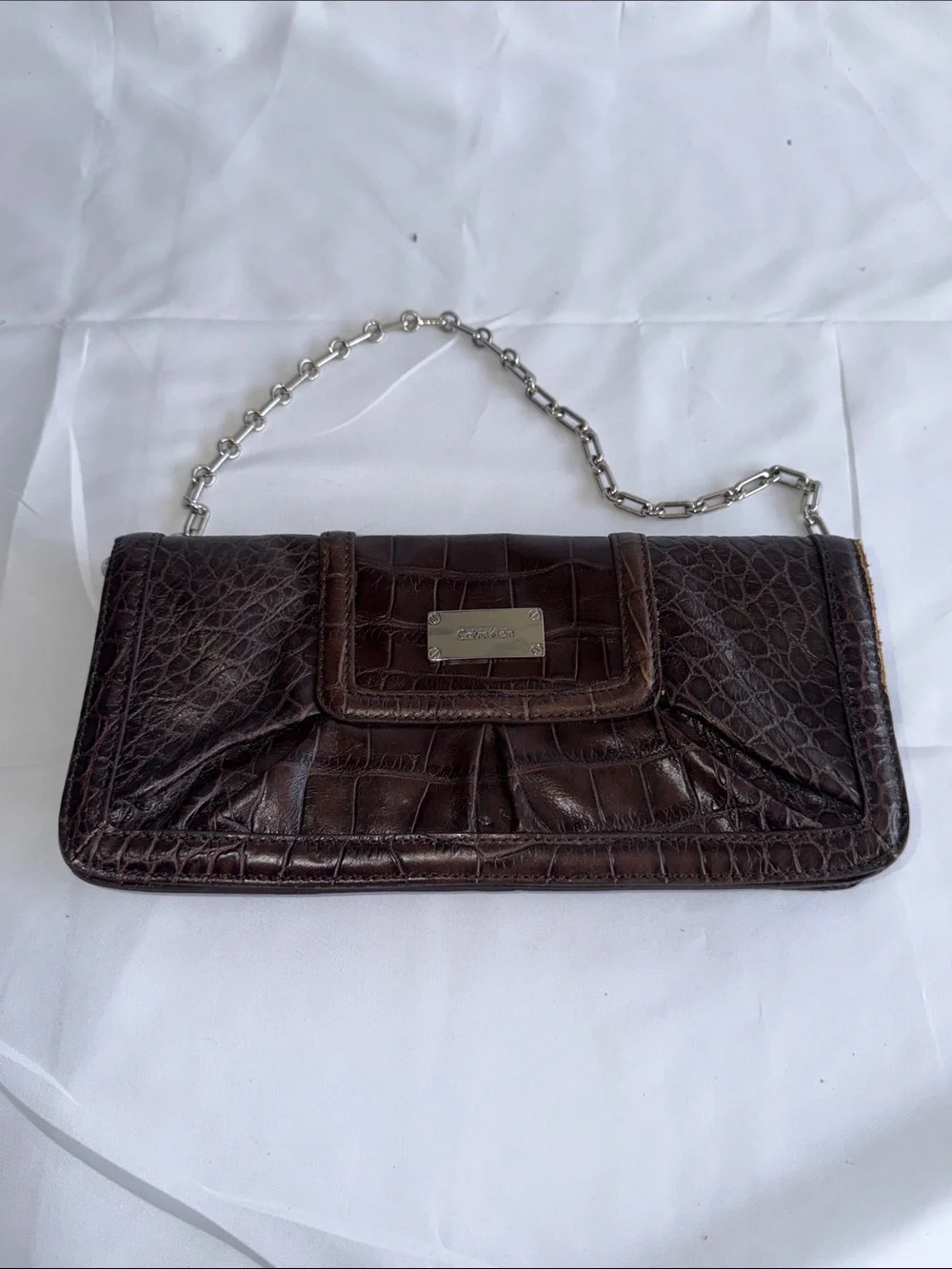 Calvin Klein Dark Brown Croc-Embossed Leather Chain Wristlet